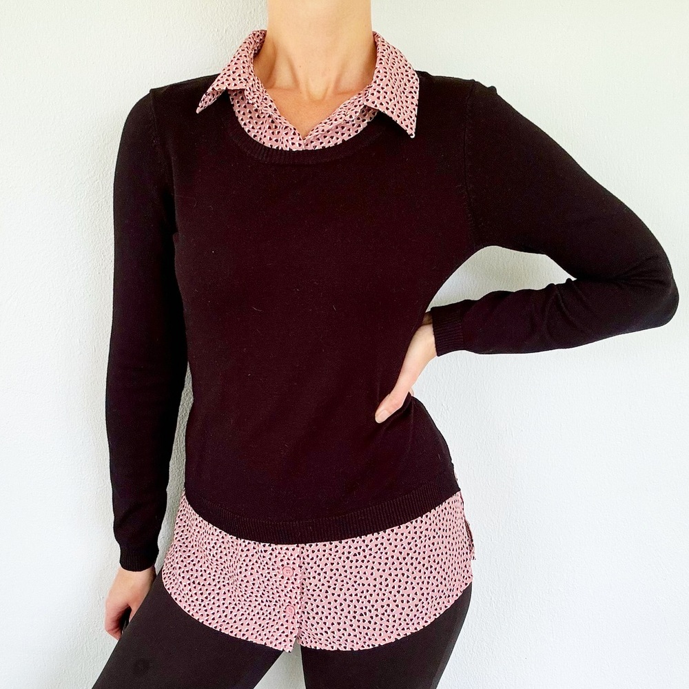 Adrianna Papell black pink heart print layered look knit sweater top size small